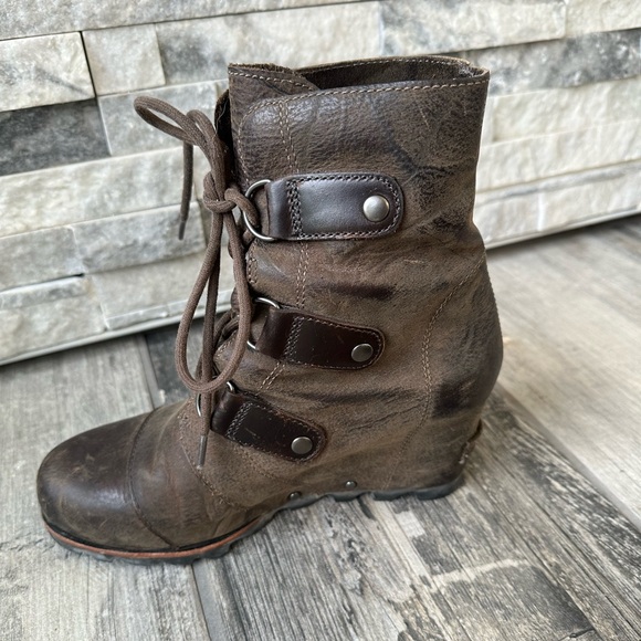 Sorel Joan of Arctic Wedge Brown Lace Up Waterproof  Winter Boots Distressed Sz7 - Picture 8 of 14